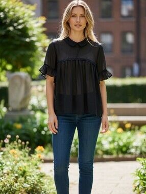 NWOT INA Women's Black Ruffle Sleeve Sheer Blouse Sixe Small R75